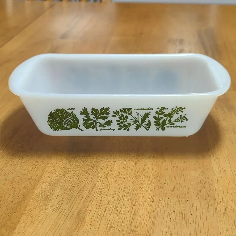 Glasbake Vintage 1960s J522 1.5 Quart Milk Glass Loaf Pan Green Herb Pattern